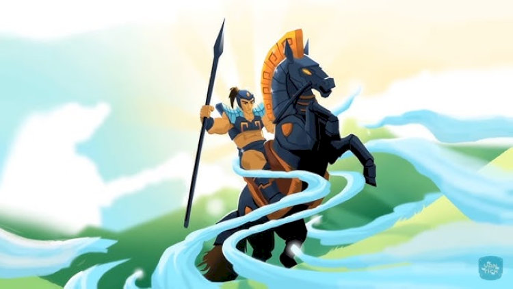 Gióng cưỡi ngựa sắt vươn cao giữa đỉnh núi, ánh sáng mặt trời rọi sáng toàn cõi trời Nam.