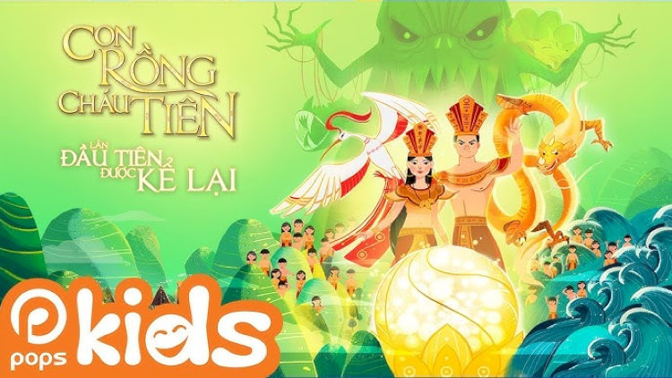 Âu Cơ và Lạc Long Quân đứng giữa trời đất, nắm tay 100 người con giữa ánh sáng rực rỡ của bình minh