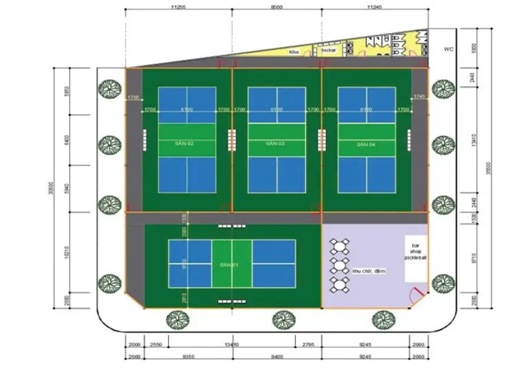 Bản vẽ mô tả sân pickleball và các khu vực chính