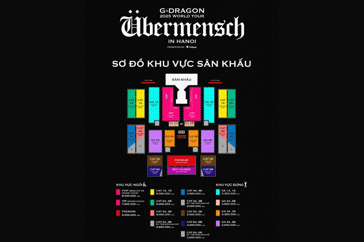 Sơ đồ chỗ ngồi chính thức của G-DRAGON 2025 WORLD TOUR tại Hà Nội