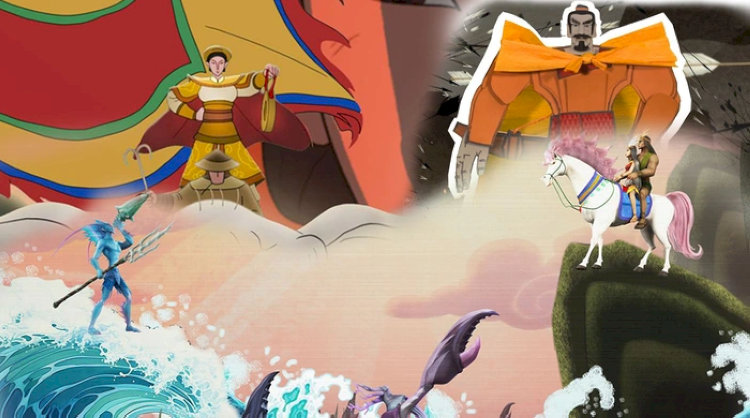 Sơn Tinh giơ cao ngọn giáo, gọi gió mây dâng nước, ánh sáng thần linh bao phủ đỉnh núi Tản Viên.