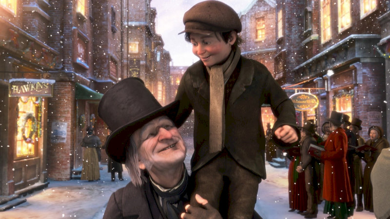 Hình ảnh Scrooge đối diện hồn ma Giáng Sinh Tương Lai trong căn phòng đầy tuyết lạnh.